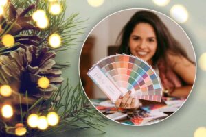 albero di natale e ragazza con palette di colori