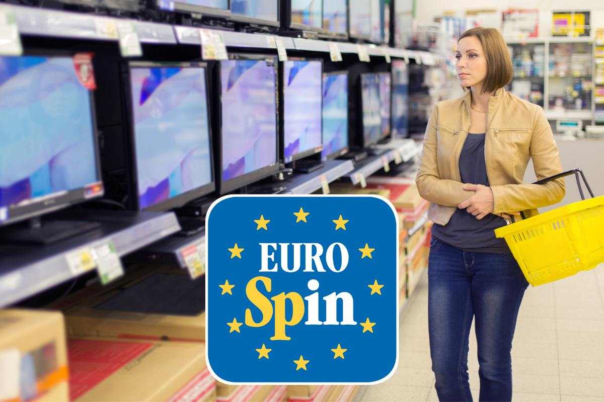 donna nel negozio di TV e logo eurospin